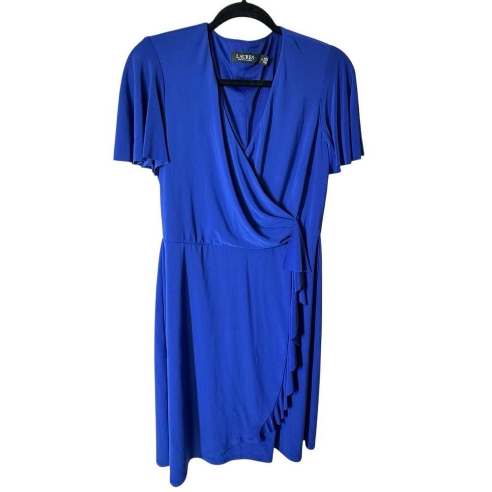LRL Lauren Ralph Lauren Dress Womens‎ Size 8 Blue Rushed Wrap Shortsleeve